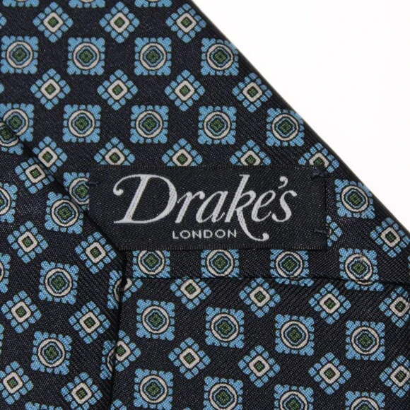 Drake's NWT Neck Tie in Navy with Light Blue/White Geometric Pattern 100% Silk
